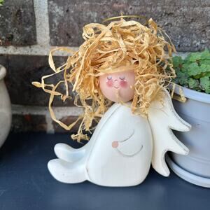 Handmade Wood Angel Figure with Natural Raffia Hair Hand Painted